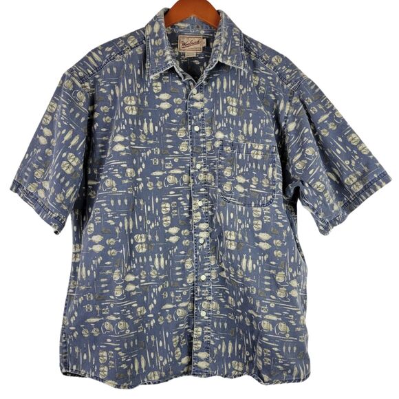 Vtg Woolrich Shirt Mens XL Denim Fishing Print Short Sleeve Button Up USA Made - Picture 1 of 13